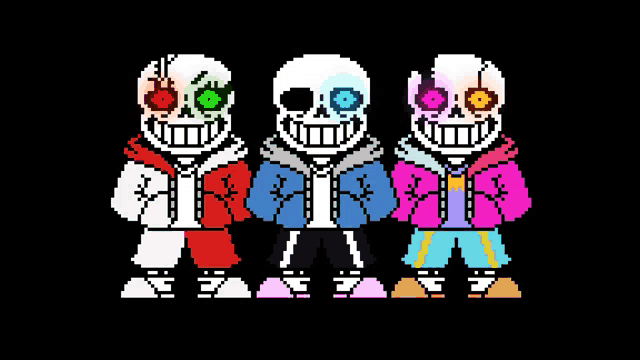 a pixel art of three skeletons with different colors on their faces