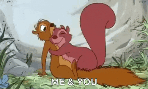 a cartoon squirrel is hugging another squirrel in a forest .