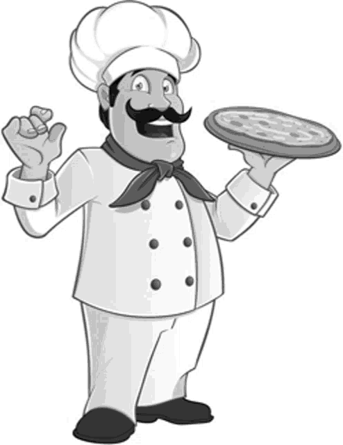 a chef is holding a pizza in his hand