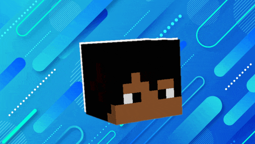 a minecraft head is against a blue background with geometric shapes