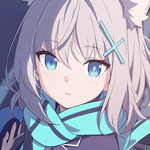 a girl with white hair and blue eyes has a cross on her hair