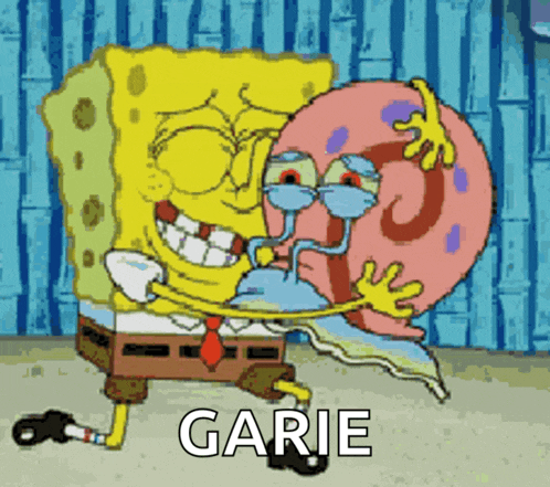 spongebob and gary from spongebob squarepants hugging each other with the word garie below them