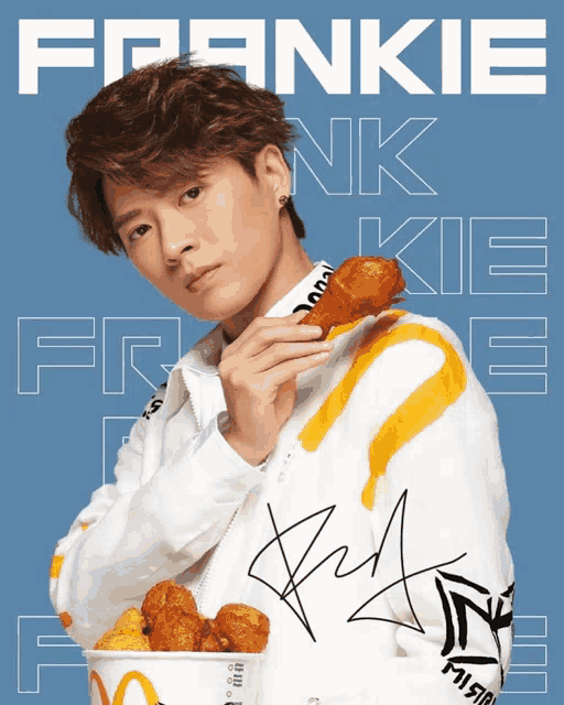 a man is holding a bucket of fried chicken with the name frankie written on the bottom