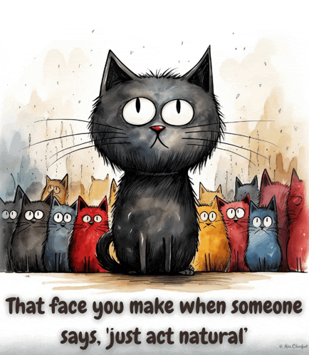 a black cat sitting in front of a crowd of cats with a quote that says " that face you make when someone says "