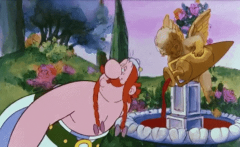 a cartoon character is drinking from a fountain next to a statue of a cherub .