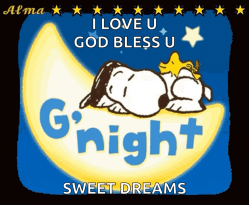 a cartoon of snoopy sleeping on a crescent moon says i love u god bless u