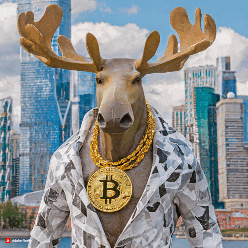 a statue of a moose wearing gold chains and a gold coin with the letter b on it