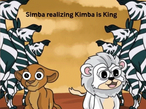 a cartoon of a lion and a zebra with the words simba realizing kimba is king on the bottom .