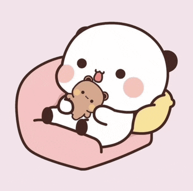 a panda bear is sitting on a pink pillow holding a teddy bear