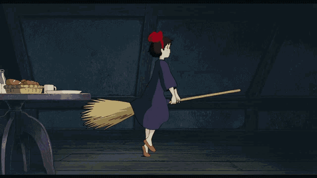 a cartoon of a girl flying on a broom