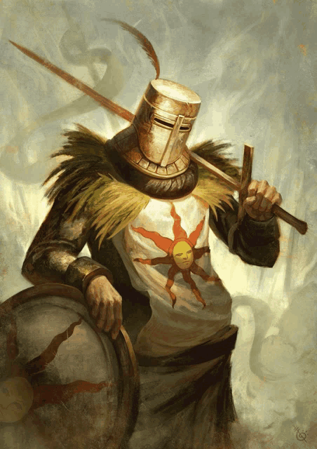 a painting of a knight holding a sword and a shield