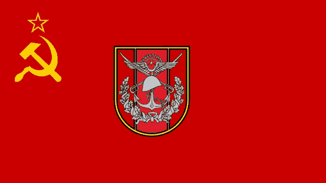 a red flag with a hammer and sickle and a shield on it