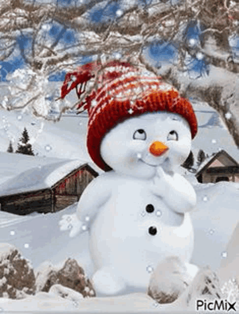 a snowman wearing a red knitted hat is standing in the snow .