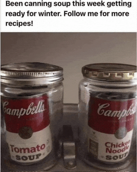 two jars of campbell 's tomato and chicken noodle soup on a shelf