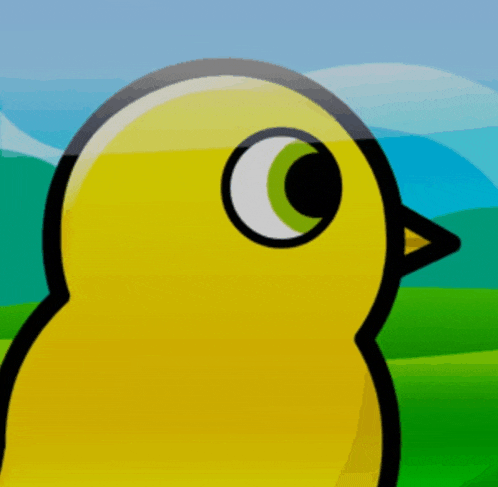 a yellow cartoon bird with a green eye