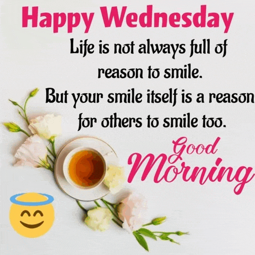 a happy wednesday message with flowers and a cup of tea