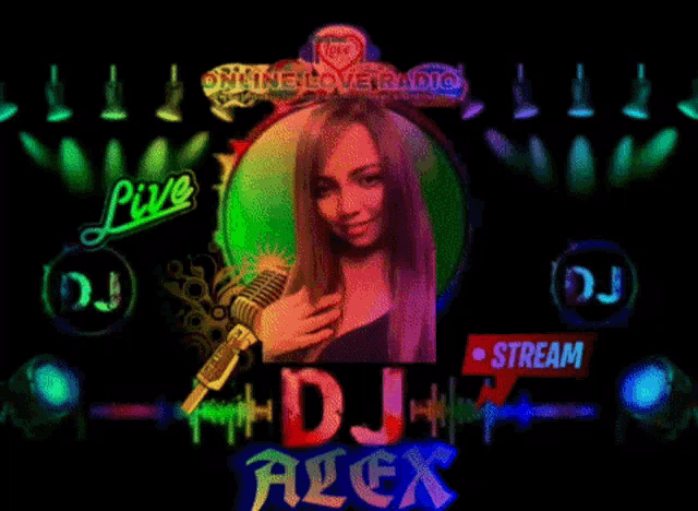 a poster for dj alex with a picture of a woman and a microphone