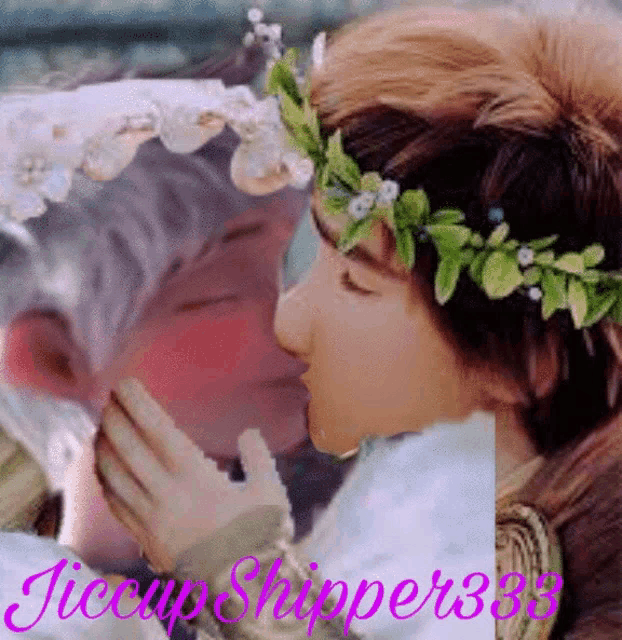 a girl with a flower crown on her head kissing a boy