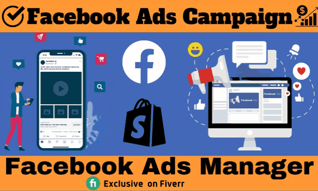 a facebook ads campaign poster with a man holding a tablet