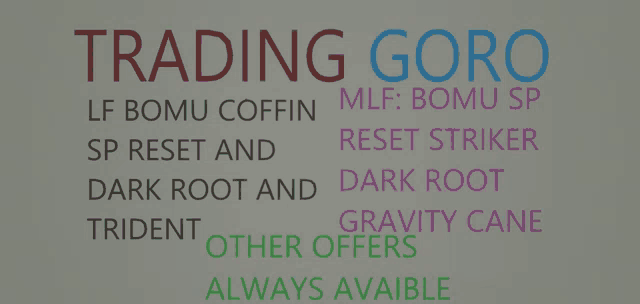 a white background with the words trading goro written in different colors