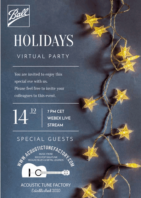 a flyer for a virtual party called the ball holidays