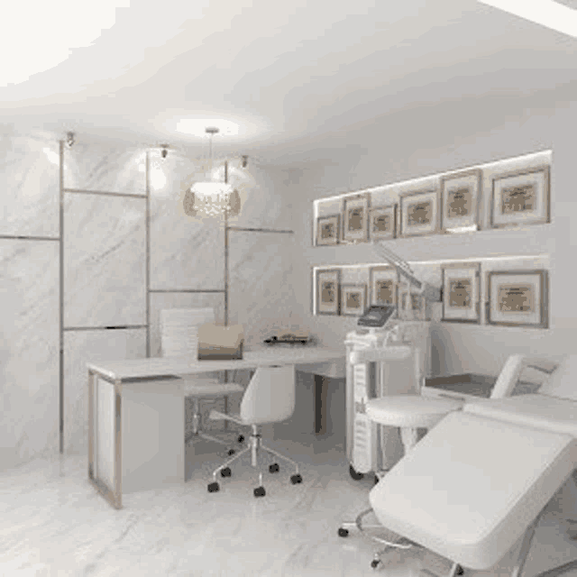 a 3d rendering of a medical office with marble walls , a desk , chairs , and a bed .