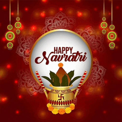 a happy navratri greeting card with a pot with a flower on top