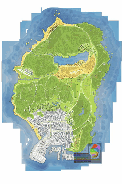 a map of a large island with mountains and a city