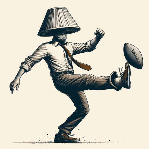 a man with a lamp shaped head kicking a football