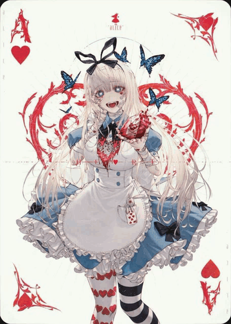 alice from alice in wonderland is holding a bloody heart on a playing card