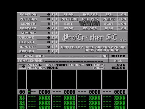 a screen shot of protracker sc written by karl anders bygaard