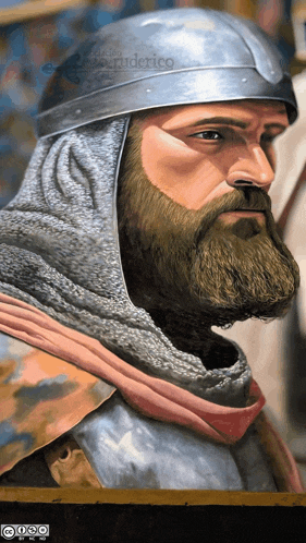 a painting of a man with a beard wearing a helmet and a scarf with a watermark that says oso