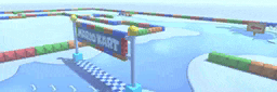 a video game scene with a sign that says ' mario kart ' on it