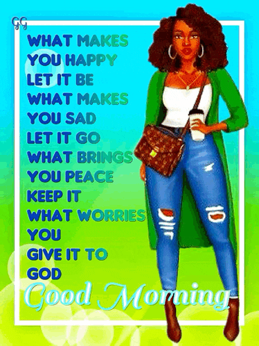 a good morning card with a woman in a green jacket