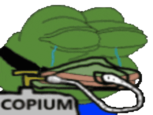 a green frog is crying and holding a hose with the word copium on it