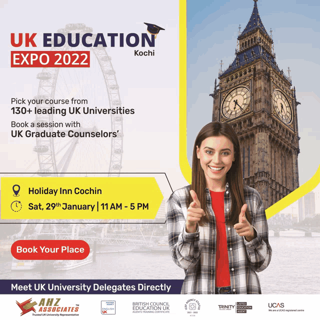 an advertisement for uk education expo 2022 shows a woman pointing at the camera