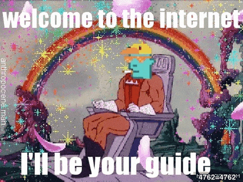 a pixel art of a man sitting in front of a rainbow with the words welcome to the internet i 'll be your guide