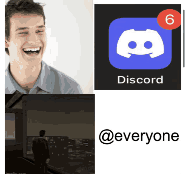 a man is laughing in front of a discord logo