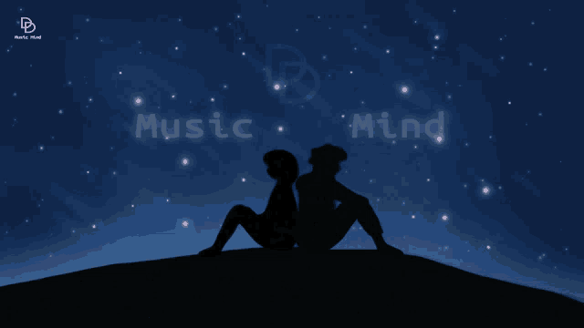 a couple sitting back to back under a starry night sky with the words music mind written on the bottom