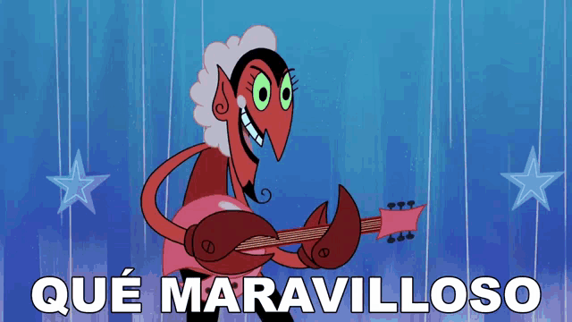 a cartoon character playing a guitar with the words que maravilloso written below him