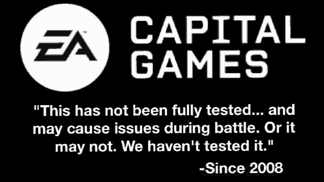 a black and white logo for capital games says " this has not been fully tested and may cause issues during battle or it may not "