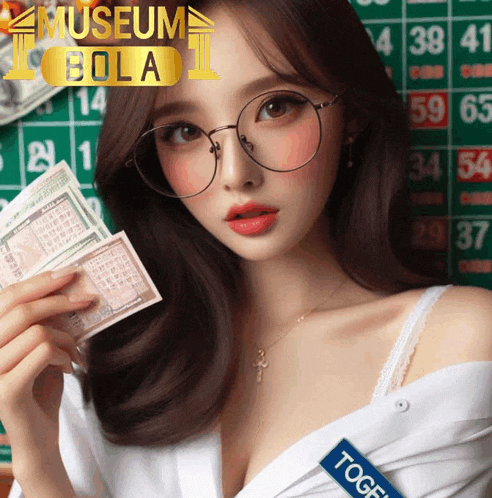 a woman wearing glasses is holding a lottery ticket in front of a green board that says " museum bola "