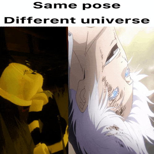 a picture of a person with the words same pose different universe on the bottom