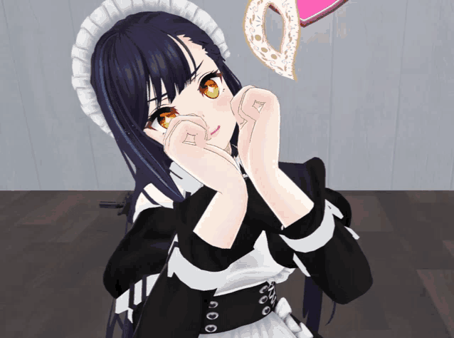 a girl in a maid outfit has her hands on her face