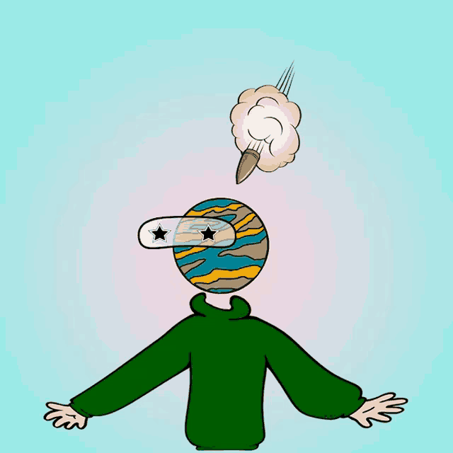 a cartoon drawing of a person with a bullet coming out of his head