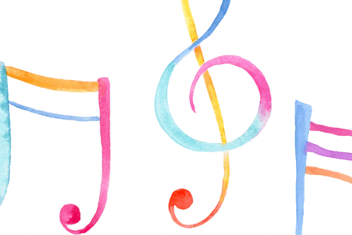 a colorful treble clef is surrounded by other colorful musical notes