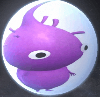 a purple cartoon character with big eyes is in a white sphere