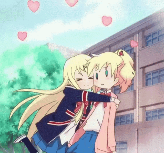 two anime girls are hugging each other in front of a building with hearts flying in the sky .