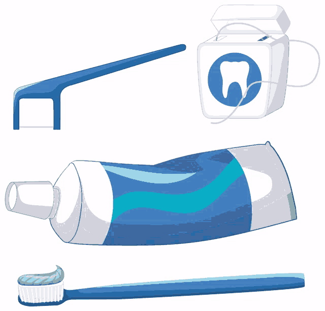 a tube of toothpaste a toothbrush dental floss and a tooth are shown