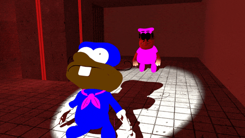 a cartoon character in a blue outfit is standing next to a pink character